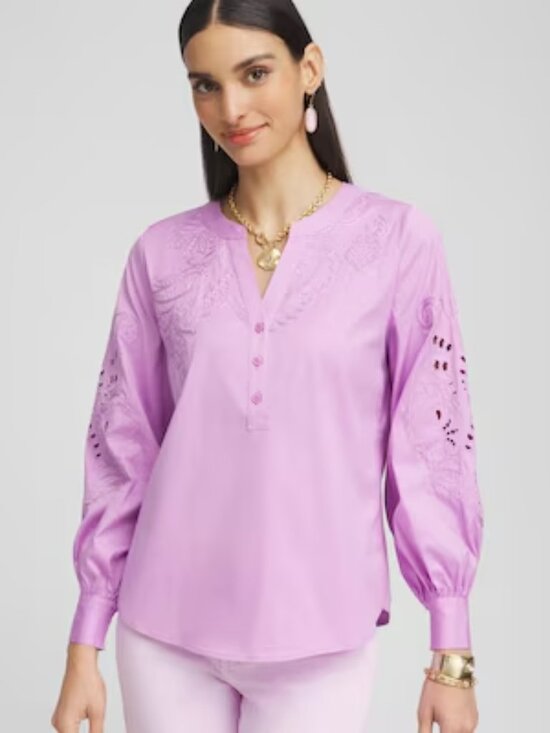 Chico's Tops - Chico's Embroidered Poplin Splitneck Shirt Size 3 NWT US 16